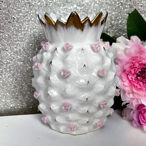 Vintage Lefton Pineapple Roses Vase White Gold Rim MCM